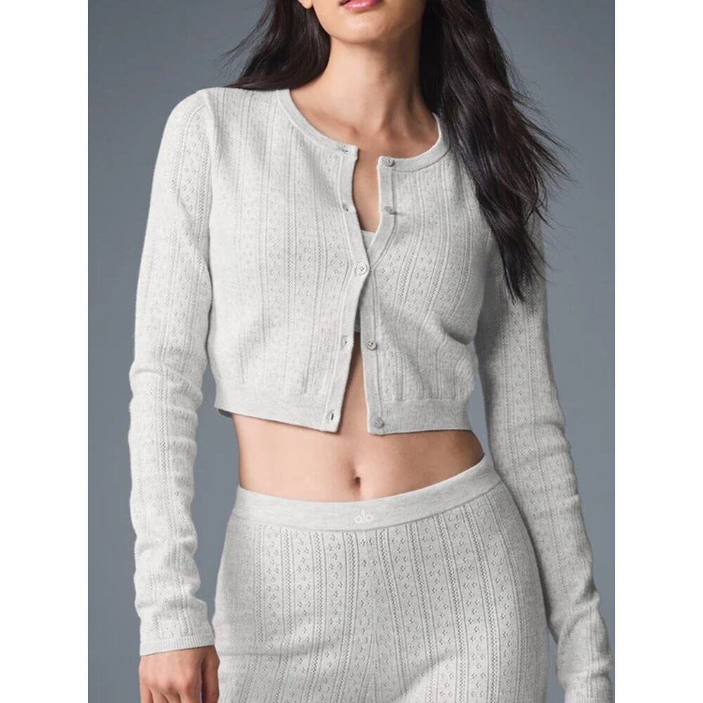 Alo Pointelle Sweater Be Mine Cardigan Light Heather Grey size medium NWOT